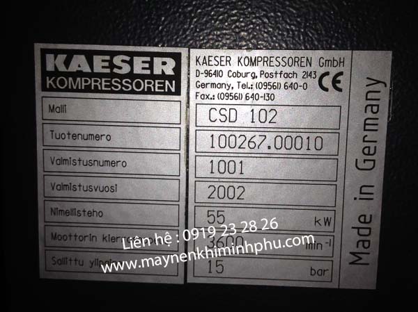 bao duong may nen khi kaeser csd 102 kaeser 55kw, sua chua may nen khi kaeser csd 102, thông số máy nén khí Kaeser CSD 102