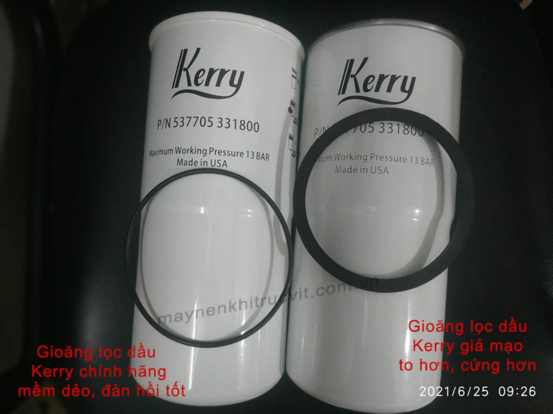 Phân biệt lọc dầu Kerry chính hãng và lọc dầu Kerry giả mạo, loc dau may nen khi, loc nhot may nen khi, loc dau Kerry, Kerry oil filter, oil filter for compressor