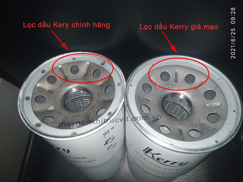 Phân biệt lọc dầu Kerry chính hãng và lọc dầu Kerry giả mạo, loc dau may nen khi, loc nhot may nen khi, loc dau Kerry, Kerry oil filter, oil filter for compressor