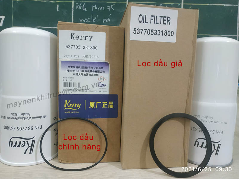 Phân biệt lọc dầu Kerry chính hãng và lọc dầu Kerry giả mạo, loc dau may nen khi, loc nhot may nen khi, loc dau Kerry, Kerry oil filter, oil filter for compressor